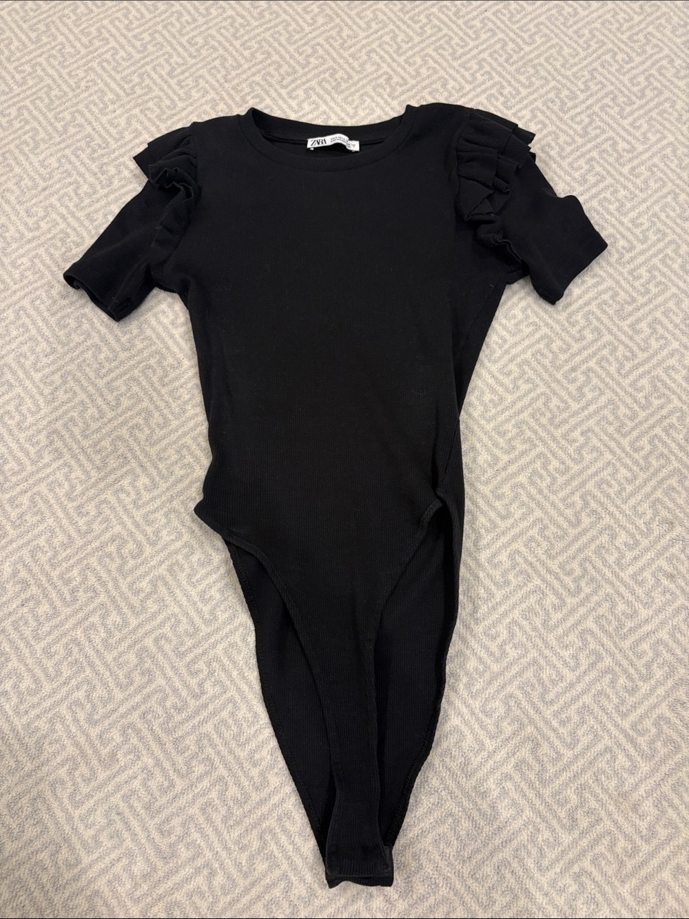 Zara Black Ribbed Ruffle Sleeve One-Piece body suit